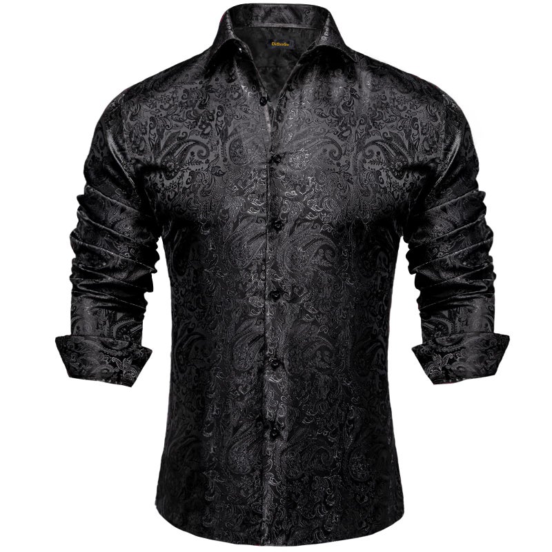 DiBanGu Mens Silk Paisley Dress Shirts,Long Sleeve Button Down Shirt Casual Regular Fit Shirt for Men Wedding Party, Black, X-Large - Image 1
