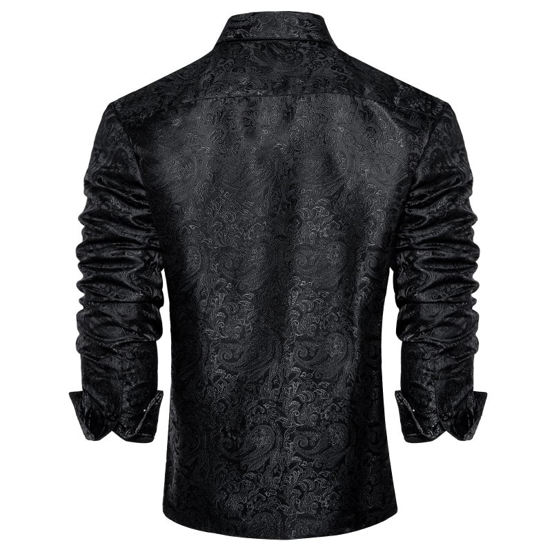 DiBanGu Mens Silk Paisley Dress Shirts,Long Sleeve Button Down Shirt Casual Regular Fit Shirt for Men Wedding Party, Black, X-Large - Image 4