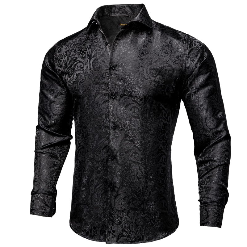 DiBanGu Mens Silk Paisley Dress Shirts,Long Sleeve Button Down Shirt Casual Regular Fit Shirt for Men Wedding Party, Black, X-Large - Image 3
