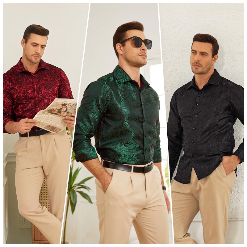 DiBanGu Mens Silk Paisley Dress Shirts,Long Sleeve Button Down Shirt Casual Regular Fit Shirt for Men Wedding Party, Black, X-Large - Image 2