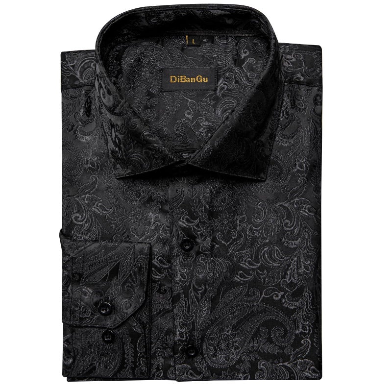 DiBanGu Mens Silk Paisley Dress Shirts,Long Sleeve Button Down Shirt Casual Regular Fit Shirt for Men Wedding Party, Black, X-Large - Image 5