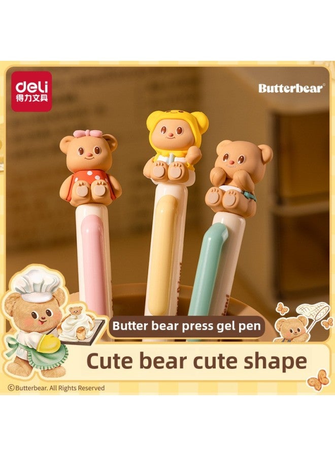 Deli Butter Bear Joint Gel Pen Student Stationery Zhen Shun Slip Ink Press High Color Value Cute-Color:Hy004 [butter Bear Cute Pen] Blue 1 Piece  - Image 2