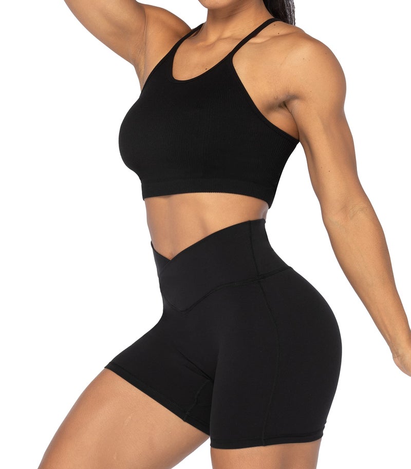 Sunzel Sunzfly Crossover Biker Shorts for Women, V Criss Cross High Waist Yoga Workout Gym Shorts with Tummy Control 4" Black Small - Image 4