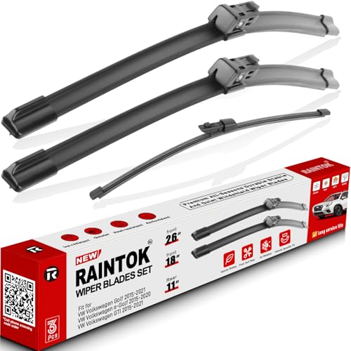 RAINTOK Windshield Wiper Blades Replacement for Volkswagen Golf 201520210 eGolf 20152020 Quality Front Rear Wipers Blade Set for My Car 26 18 11 Pack of 3 - Image 1