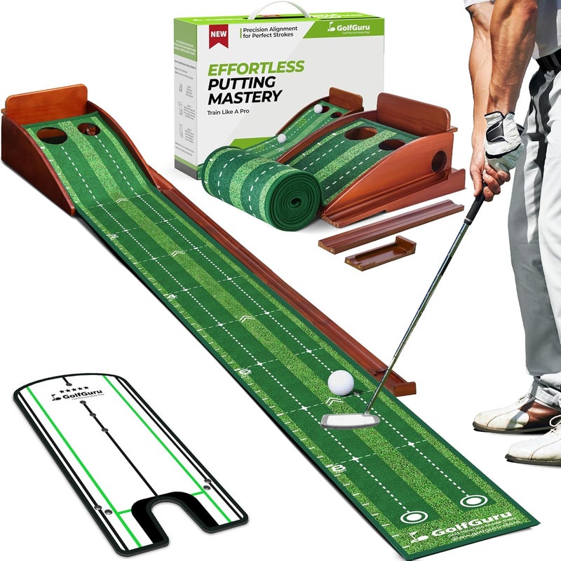 Golfguru 9.8ft Indoor Putting Green Mat with Automatic Ball Return & Mirror - Image 1
