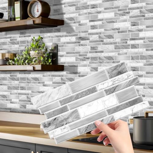 Heikki PeelandStick SelfAdhesive Wall Tiles 4797inch Kitchen Bathroom Splashback Tiles Marble Pattern Design 48Piece Set GrayWhite - Image 1