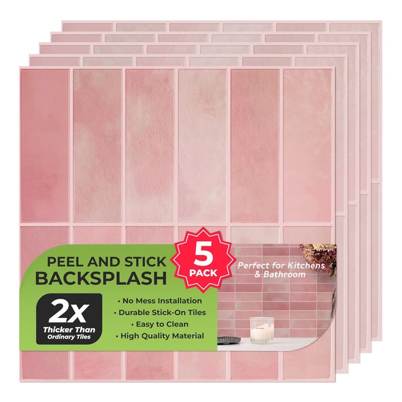 SELECT LIGHTING 5 Pack Peel and Stick Backsplash Subway Tiles, Extra Thick 3D Wall Panels, Heat & Water Resistant, Easy DIY Kitchen, Bathroom, Laundry, Fireplace & Rental Home Wall DÃ©cor (12 x 12 in), Pink - Image 1
