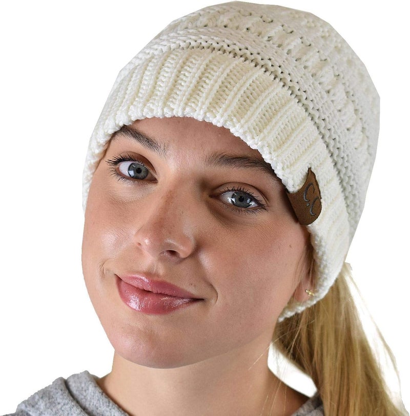 Cc Exclusives Soft Stretch Cable Knit Messy Bun Ponytail Beanie Winter Hat for Women (MB-20A) - Image 2