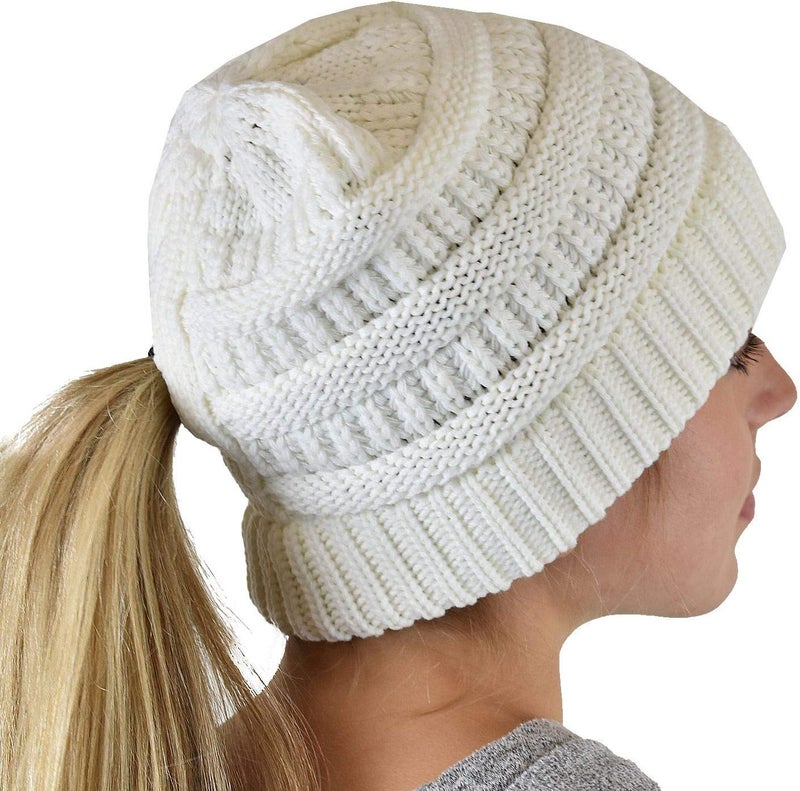 Cc Exclusives Soft Stretch Cable Knit Messy Bun Ponytail Beanie Winter Hat for Women (MB-20A) - Image 3