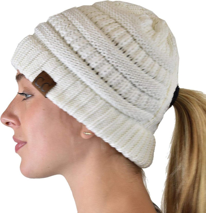 Cc Exclusives Soft Stretch Cable Knit Messy Bun Ponytail Beanie Winter Hat for Women (MB-20A) - Image 4