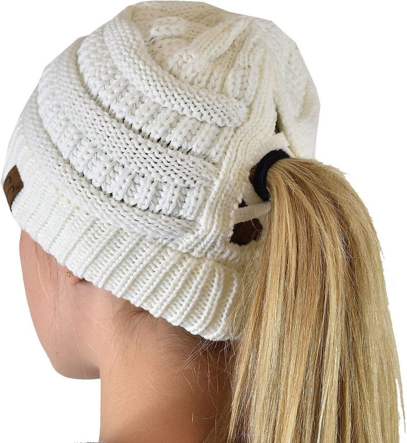 Cc Exclusives Soft Stretch Cable Knit Messy Bun Ponytail Beanie Winter Hat for Women (MB-20A) - Image 1