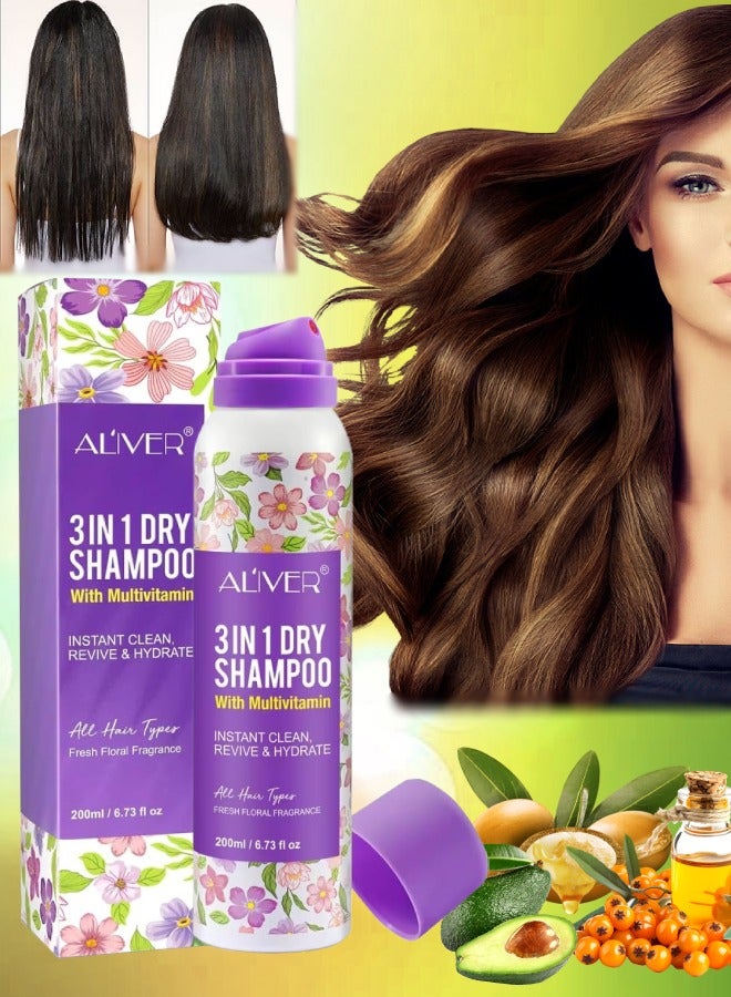 ALIVER 200 مل شامبو جاف 3 في 1 مع متعدد الفيتامينات برائحة زهور منعشة لتنظيف فوري، إنعاش وترطيب الشعر، شامبو جاف لإزالة الروائح الكريهة والزيوت الزائدة، مرطب، مغذي، مرطب. - Image 1