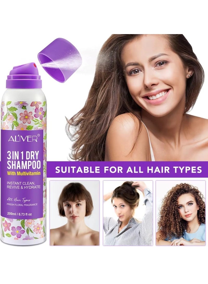 ALIVER 200 مل شامبو جاف 3 في 1 مع متعدد الفيتامينات برائحة زهور منعشة لتنظيف فوري، إنعاش وترطيب الشعر، شامبو جاف لإزالة الروائح الكريهة والزيوت الزائدة، مرطب، مغذي، مرطب. - Image 2