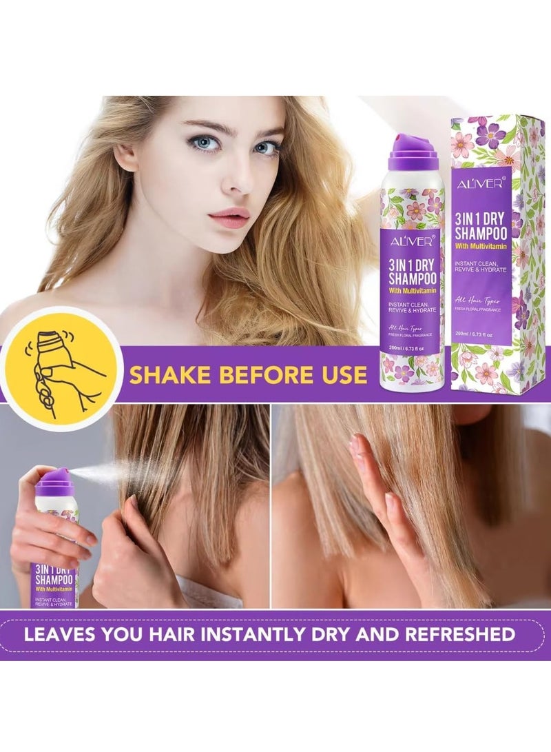 ALIVER 200 مل شامبو جاف 3 في 1 مع متعدد الفيتامينات برائحة زهور منعشة لتنظيف فوري، إنعاش وترطيب الشعر، شامبو جاف لإزالة الروائح الكريهة والزيوت الزائدة، مرطب، مغذي، مرطب. - Image 4