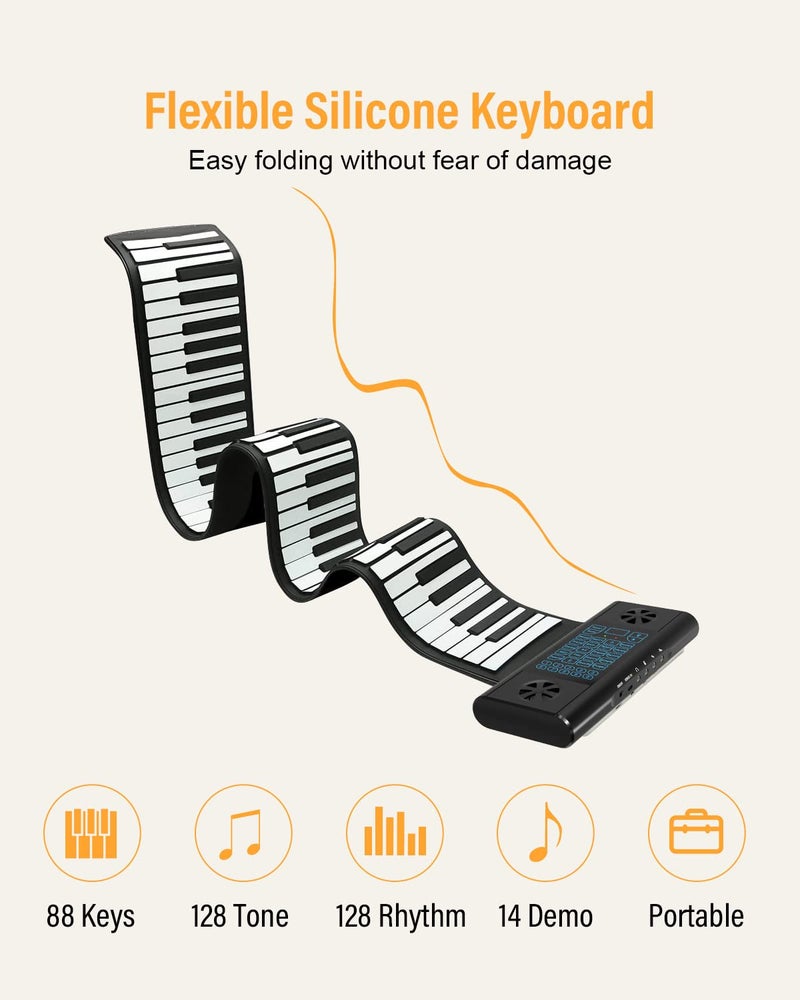 KONIX Roll Up Piano 88 key, Hand Roll Portable Piano for Beginner Kid with Bluetooth/MIDI, 128 Tones and Rhythms, Best Christmas Birthday Gift - Image 3