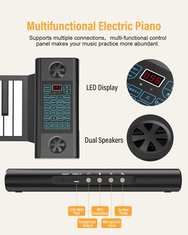 KONIX Roll Up Piano 88 key, Hand Roll Portable Piano for Beginner Kid with Bluetooth/MIDI, 128 Tones and Rhythms, Best Christmas Birthday Gift - Image 4