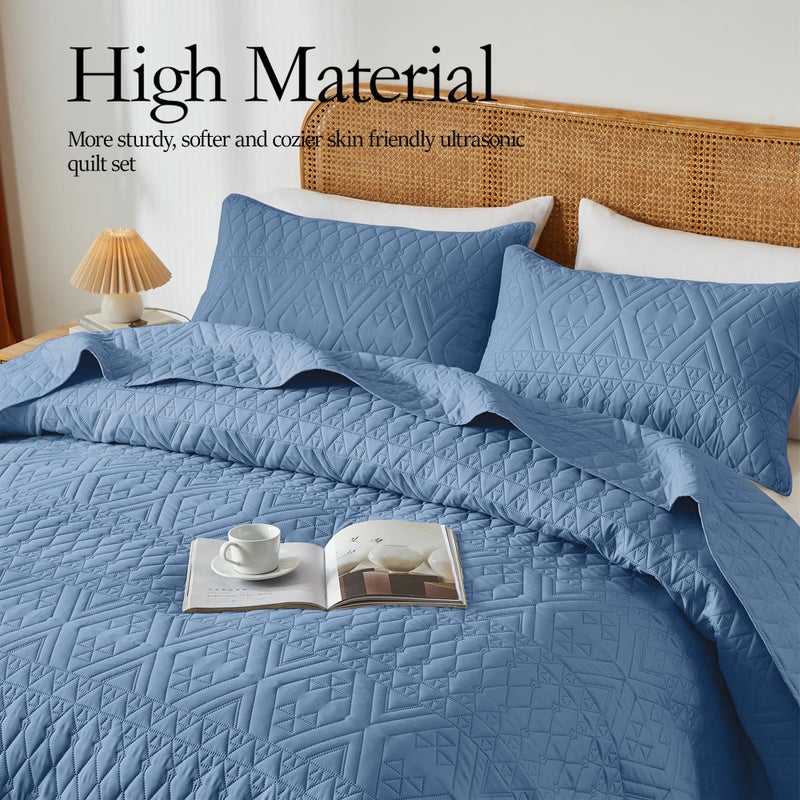 akkialla Full/Queen Quilt Set, Boho Style in a Solid Color, Bluish Grey Lightweight Microfiber Bedspread, Soft and Breathable Coverlet for All Seasons, 3-Piece Bedding Set (1 Quilt, 2 Pillow Shams) - Image 3
