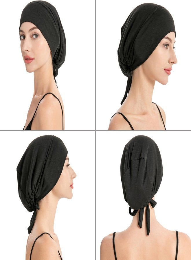 ZLYC قبعة حجاب مبطنة بالساتان من ZLYC للنساء، برباط خلفي، قبعة داخلية للحجاب (أسود سادة) - Image 3