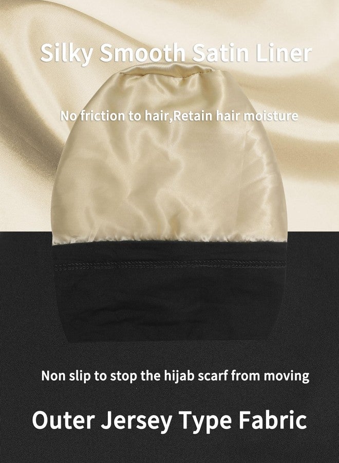 ZLYC قبعة حجاب مبطنة بالساتان من ZLYC للنساء، برباط خلفي، قبعة داخلية للحجاب (أسود سادة) - Image 4