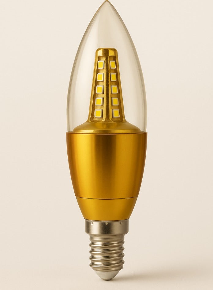 Max D080 LED Turn-Up Candle Bulb 5W E14 Gold | Warm White Flame Tip | 360° Beam | Decorative Non-Dimmable Bulb | 2KV Surge Protected  - Image 1