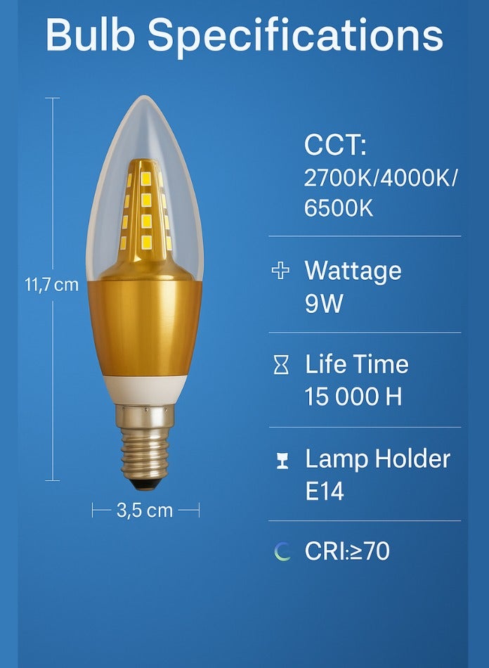 Max D080 LED Turn-Up Candle Bulb 5W E14 Gold | Warm White Flame Tip | 360° Beam | Decorative Non-Dimmable Bulb | 2KV Surge Protected  - Image 3