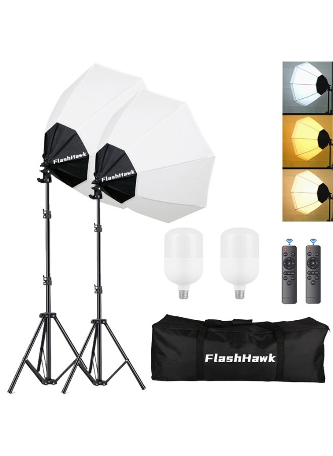 FlashHawk - Photography Softbox Lighting Kit with 2 * 200W LED 3 Colors Bulb Umbrellas Softbox and Carry Bag for Portrait Product Shooting - Image 1
