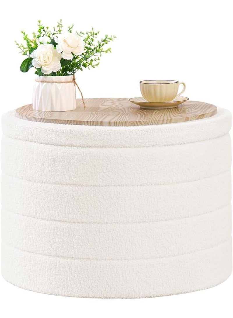 Ottoman with Stroage, Round Sherpa Storage Ottoman Stool, Boucle Foot Rest22 x 22"x15.75" (White) - Image 1