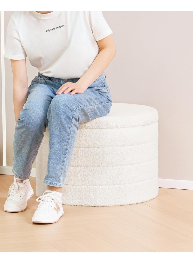 Ottoman with Stroage, Round Sherpa Storage Ottoman Stool, Boucle Foot Rest22 x 22"x15.75" (White) - Image 4