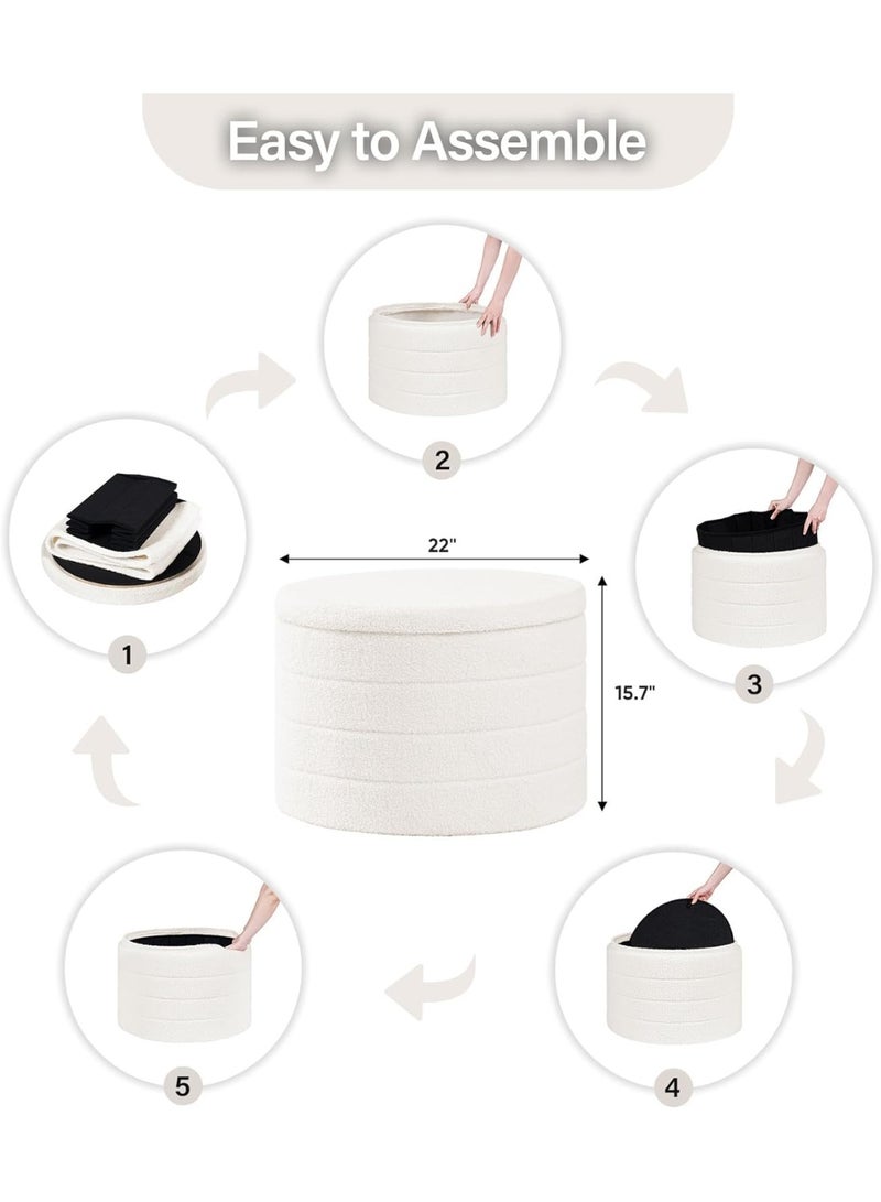 Ottoman with Stroage, Round Sherpa Storage Ottoman Stool, Boucle Foot Rest22 x 22"x15.75" (White) - Image 3