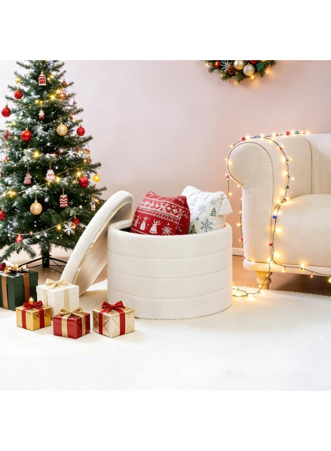 Ottoman with Stroage, Round Sherpa Storage Ottoman Stool, Boucle Foot Rest22 x 22"x15.75" (White) - Image 2