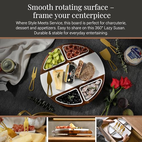 Shanik مجموعة لوح تقطيع الجبن شانيك المحسّنة - لوح تشاركوتيري دائري من خشب الأكاسيا مع 4 أطباق سيراميك - هدايا زفاف - طبق تقديم الجبن - حفل زفاف - Image 5