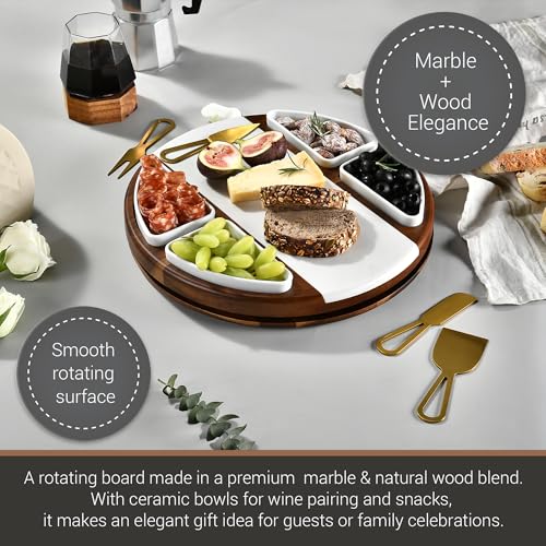 Shanik مجموعة لوح تقطيع الجبن شانيك المحسّنة - لوح تشاركوتيري دائري من خشب الأكاسيا مع 4 أطباق سيراميك - هدايا زفاف - طبق تقديم الجبن - حفل زفاف - Image 4