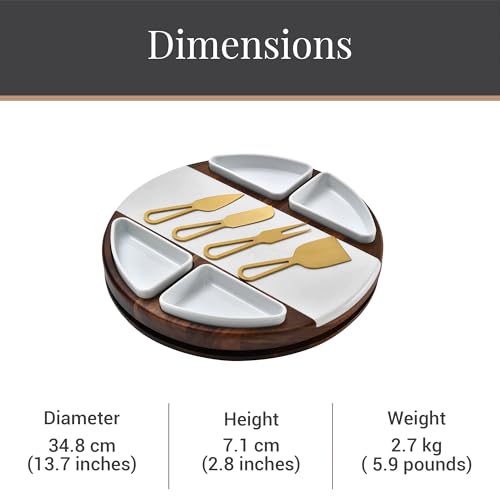 Shanik مجموعة لوح تقطيع الجبن شانيك المحسّنة - لوح تشاركوتيري دائري من خشب الأكاسيا مع 4 أطباق سيراميك - هدايا زفاف - طبق تقديم الجبن - حفل زفاف - Image 2