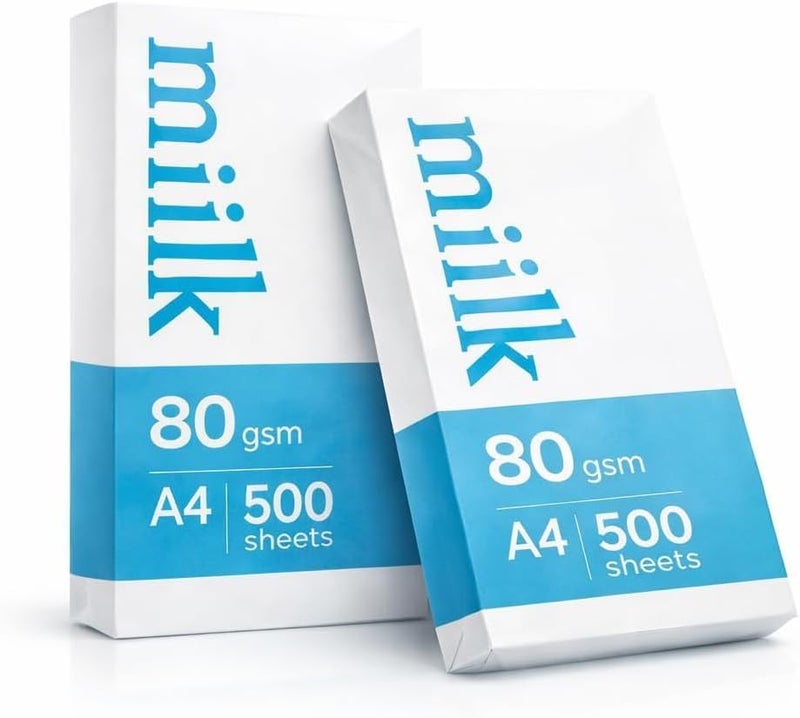 Milk A4 Copy Paper, 80 gsm, 500 Sheets, White, 2 Pack for Printing and Office Use - Image 1