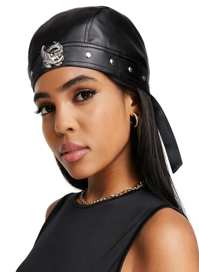 Heerf Black Leather Cap for Women & Men - Leather Biker Skull Cap with Eagle Rivets, Adjustable Motorcycle Bandana Style Head Wrap - Image 1
