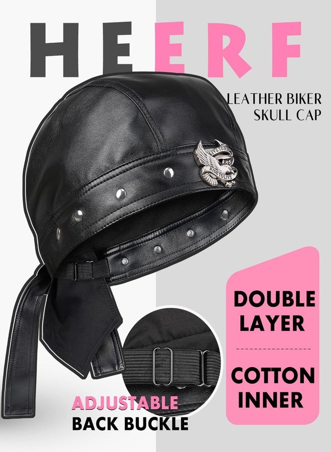 Heerf Black Leather Cap for Women & Men - Leather Biker Skull Cap with Eagle Rivets, Adjustable Motorcycle Bandana Style Head Wrap - Image 3
