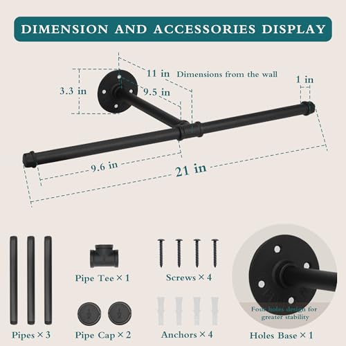 Cazzon Cast Iron Wall Mounted Clothes Rack T Shaped Industrial Pipe Clothing Bar for Hanging Clothes Garment Racks for Closet Organizers Heavy Duty Hanger Pole Closet Rod 21 Inch Black 1 Pack - Image 3