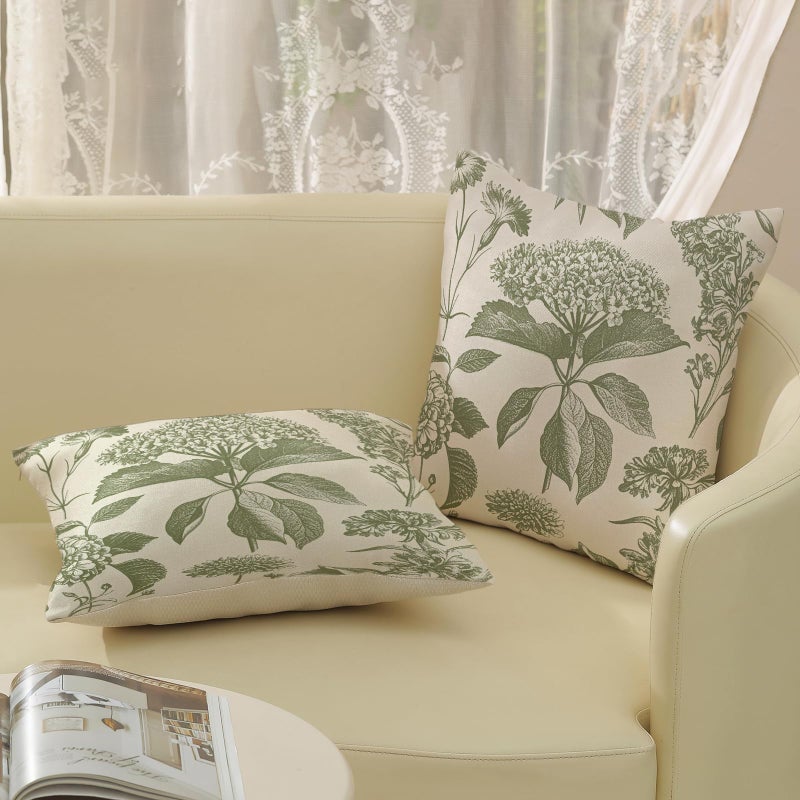 GOLIANDA Sage Green Pillow Covers 20x20 Set of 2 Boho Floral Hydrangea Herbs Botanical Throw Pillow Cover Outdoor Decoration Pillow Cases Vintage Flower Linen Cushion Case Decorative for Couch Sofa - Image 4