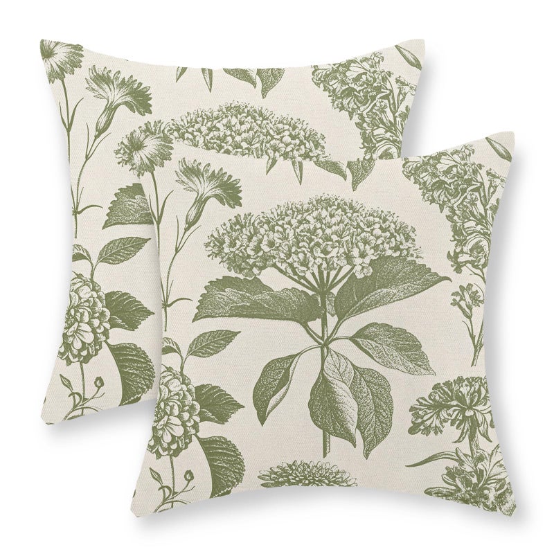 GOLIANDA Sage Green Pillow Covers 20x20 Set of 2 Boho Floral Hydrangea Herbs Botanical Throw Pillow Cover Outdoor Decoration Pillow Cases Vintage Flower Linen Cushion Case Decorative for Couch Sofa - Image 1