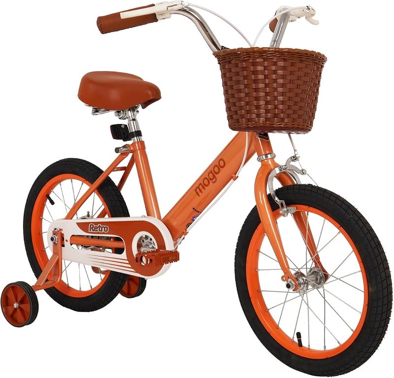 Mogoo Retro Kids Road Bike For 5-8 Years Old Girls & Boys, Adjustable Seat, Handbrake, Chainguard, Classic Style, Basket, 12/16 Inch Bicycle w/Training Wheels - Image 2