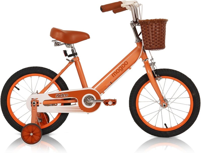 Mogoo Retro Kids Road Bike For 5-8 Years Old Girls & Boys, Adjustable Seat, Handbrake, Chainguard, Classic Style, Basket, 12/16 Inch Bicycle w/Training Wheels - Image 1