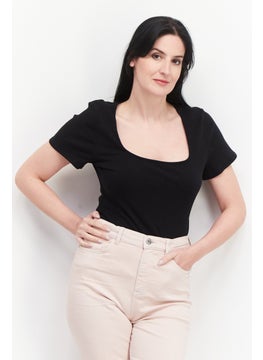 Jenni Women Textured Short Sleeve Bodysuit, Black  - Image 1