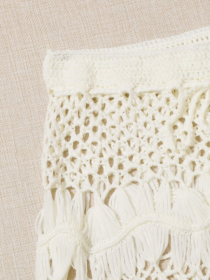 Floerns Women's Bathing Suit Tie Waist Crochet Beach Cover Up Skirt Beige L - Image 4