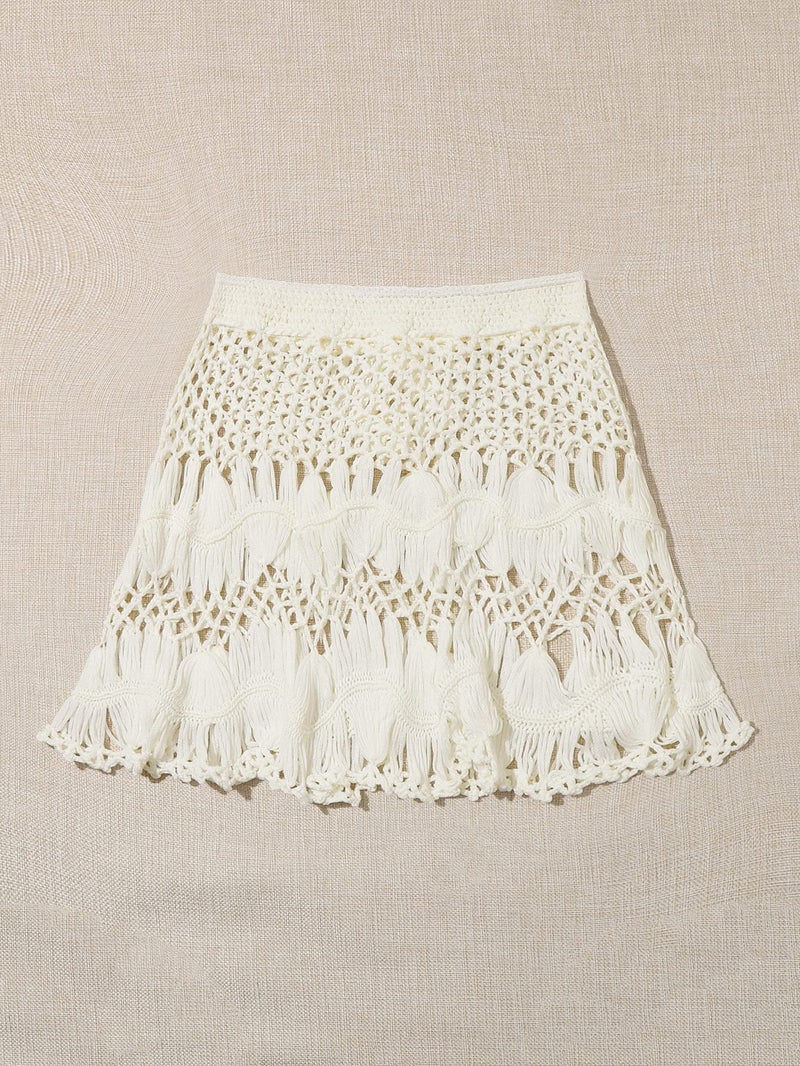 Floerns Women's Bathing Suit Tie Waist Crochet Beach Cover Up Skirt Beige L - Image 2