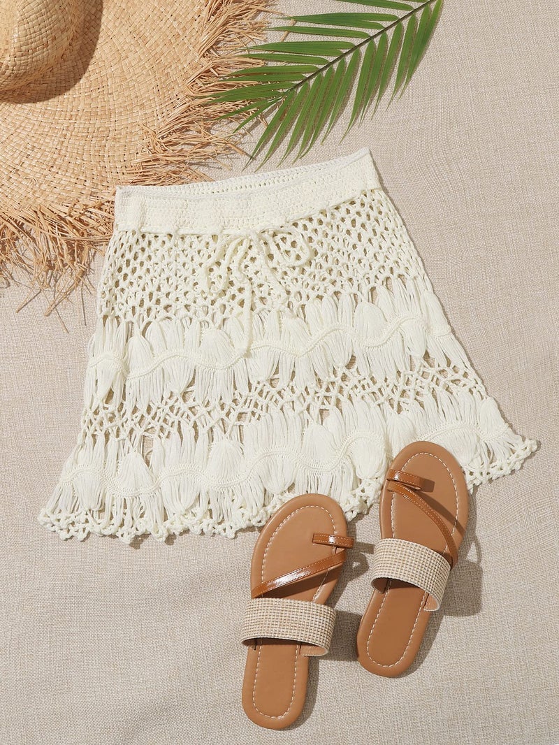 Floerns Women's Bathing Suit Tie Waist Crochet Beach Cover Up Skirt Beige L - Image 3
