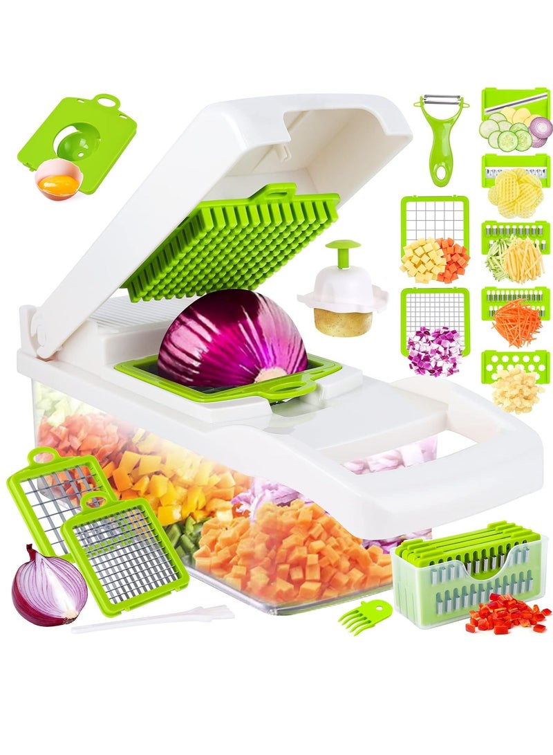 Vegetable Chopper Pro Onion Chopper, 14 in 1Multifunctional Food Chopper, Vegetable Slicer Dicer Cutter,Veggie Chopper With 8 Blades,Carrot and Garlic Chopper With Container Colander Basket White  - Image 1
