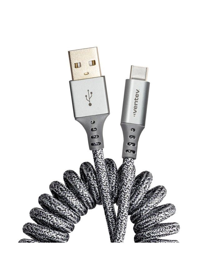 Ventev Chargesync Helix Cable 14" USB A to USB C, Cloth Covered, Flexible Elastic Recoil Design, Fast Charging, Compatible with iPhone 16/16 Pro/15, MacBook, iPad Pro, Samsung Galaxy S25 - Gray - Image 1