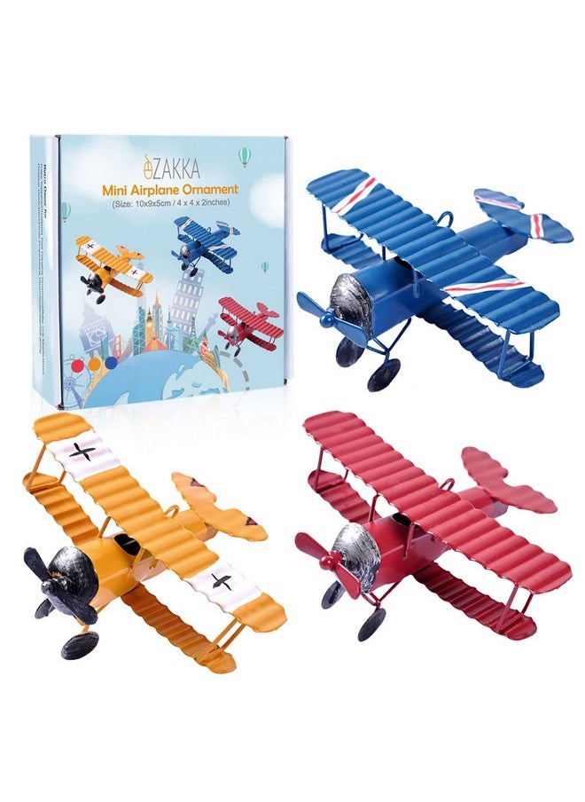 eZAKKA Vintage Airplane Decor Mini Small Model Plane Metal Hanging Airplane Biplane Ornament For Christmas Decorations Home Room Decor Birthday Gifts Cake Topper, 3 Color, 3 Pack  - Image 1