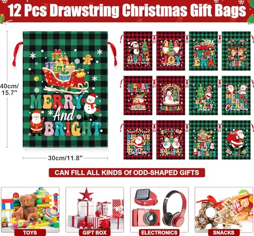 FLOE 12 PCS Burlap Christmas Drawstring Gift Bags 12x16in Buffalo Plaid Xmas Gift Bags wTags Cotton Fabric Goody Gifts Treat Bag Xmas Sacks Large Reusable Gifts Wrapping Bag for Holiday Party Favors - Image 3