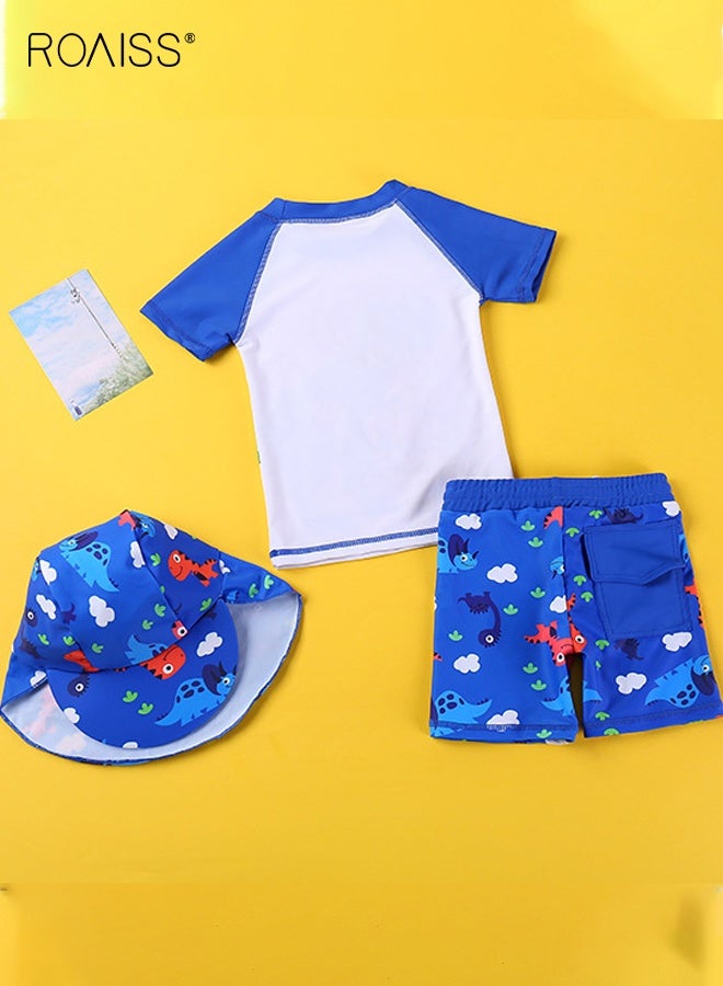 roaiss Boys 3PCS Swimsuit, Quick-drying Swim Set with Dinosaur Top, Drawstring Shorts and Sunscreen Hat, Summer Bathing Suit, Rash Guard Short Sleeve Swimsuits  - Image 2